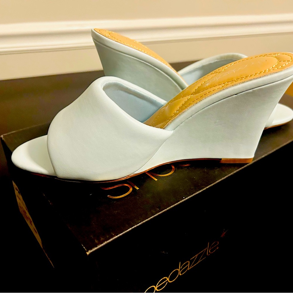 Pastel blue wedge sandals by shoedazzke nib